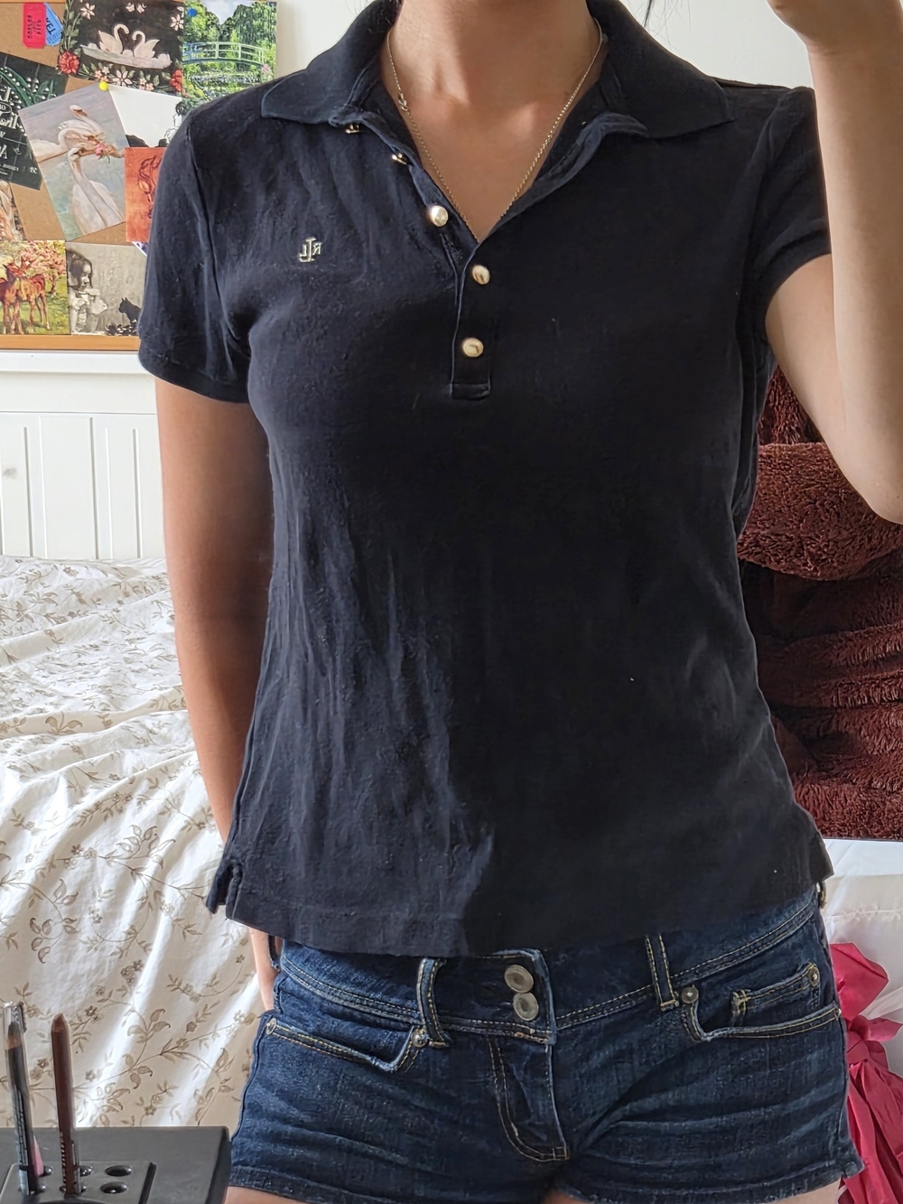 Ralph Lauren Black Polo Top with Pearl Buttons